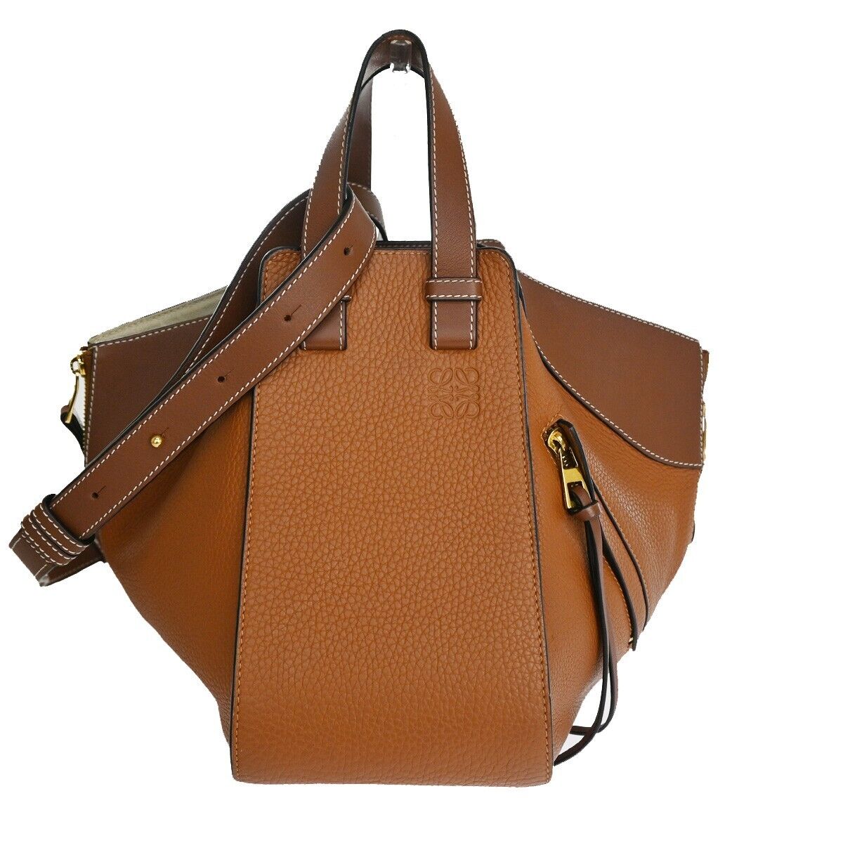 LOEWE Logo Hammock Small 2Way Shoulder Hand Bag Leather Brown Gold 636RJ395