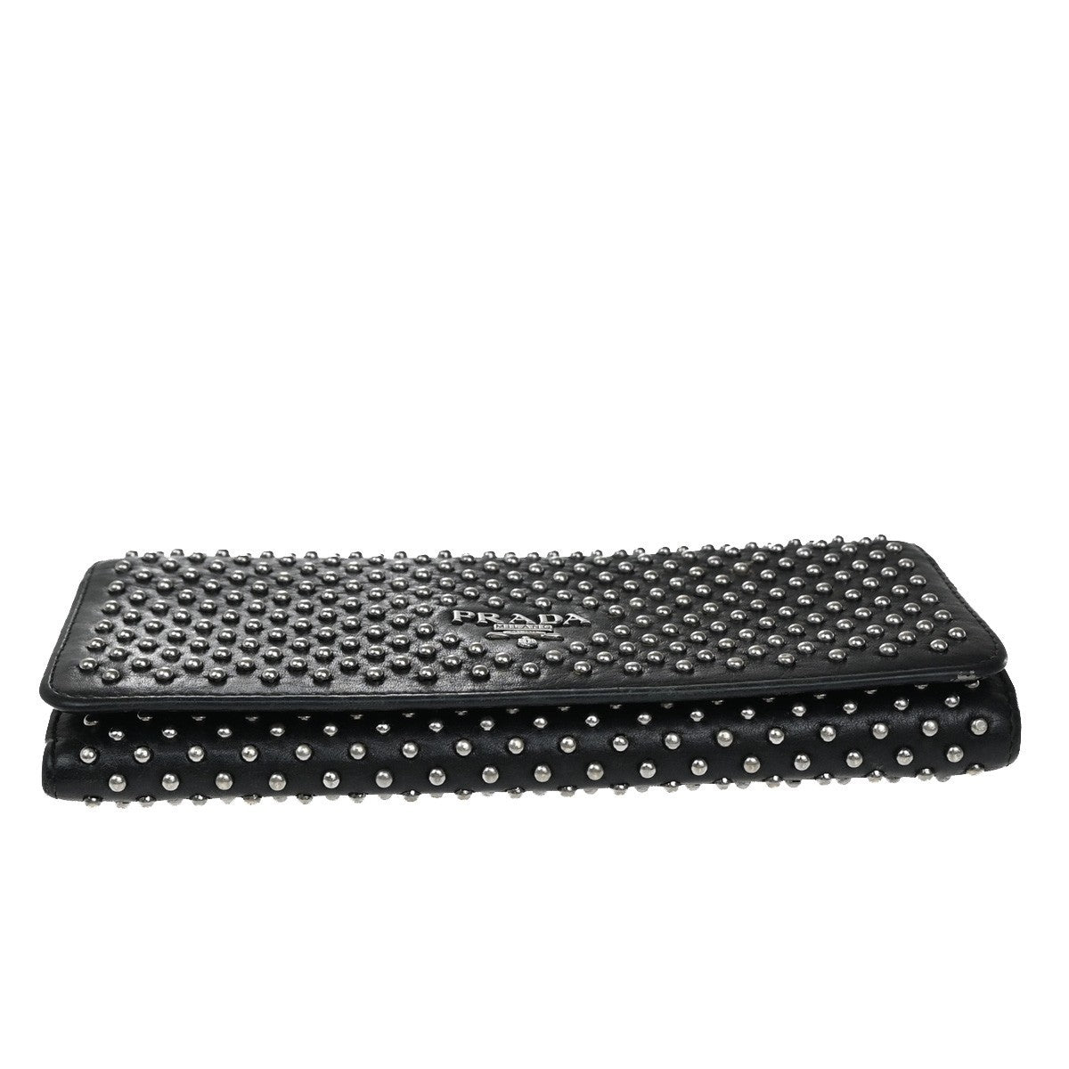PRADA Studded Long Bifold Wallet Leather Black Silver Italy 02EG269