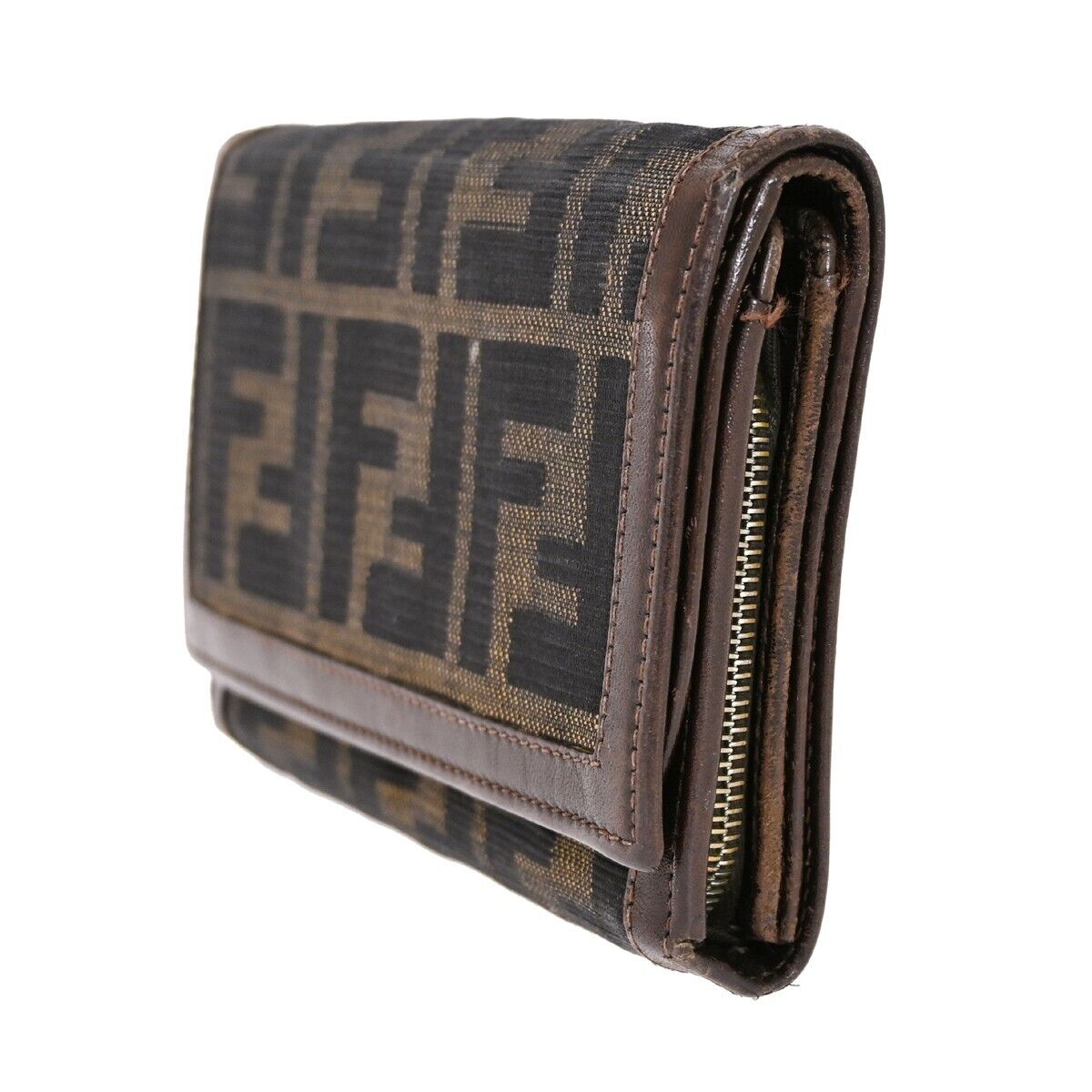 FENDI Logo Zucca Pattern Bifold Wallet Purse Canvas Leather Brown Italy 08HB292