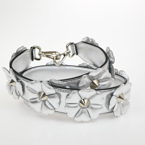 FENDI Logo Bag Shoulder Strap Flower Studs Leather Silver SHW Italy 30KP491
