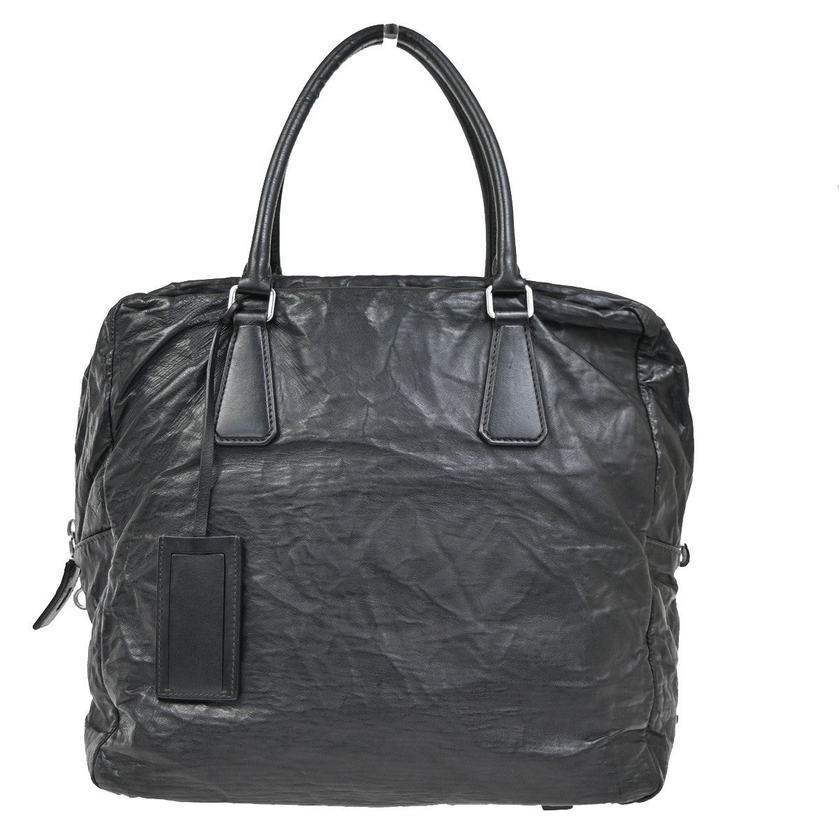 PRADA MILANO Logo Business Shoulder Hand Tote Bag Leather Black Sliver 76KP343
