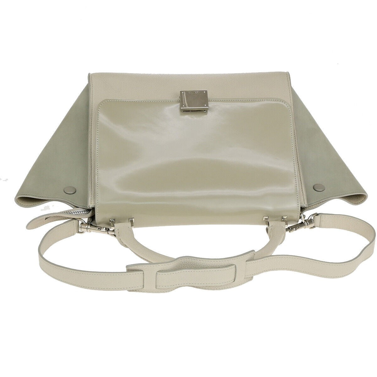 CELINE Logo Trapeze 2Way Shoulder Hand Bag Suede Patent Leather Beige 83YF548