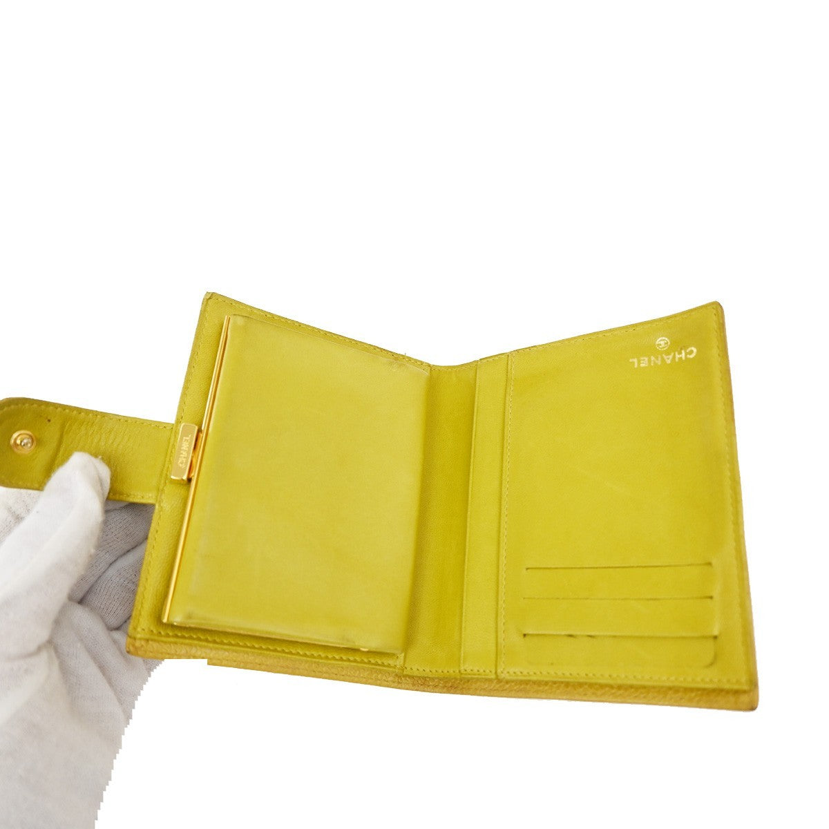 CHANEL CC Bifold Compact Wallet Grained Calfskin Leather Yellow Vintage 66KB511