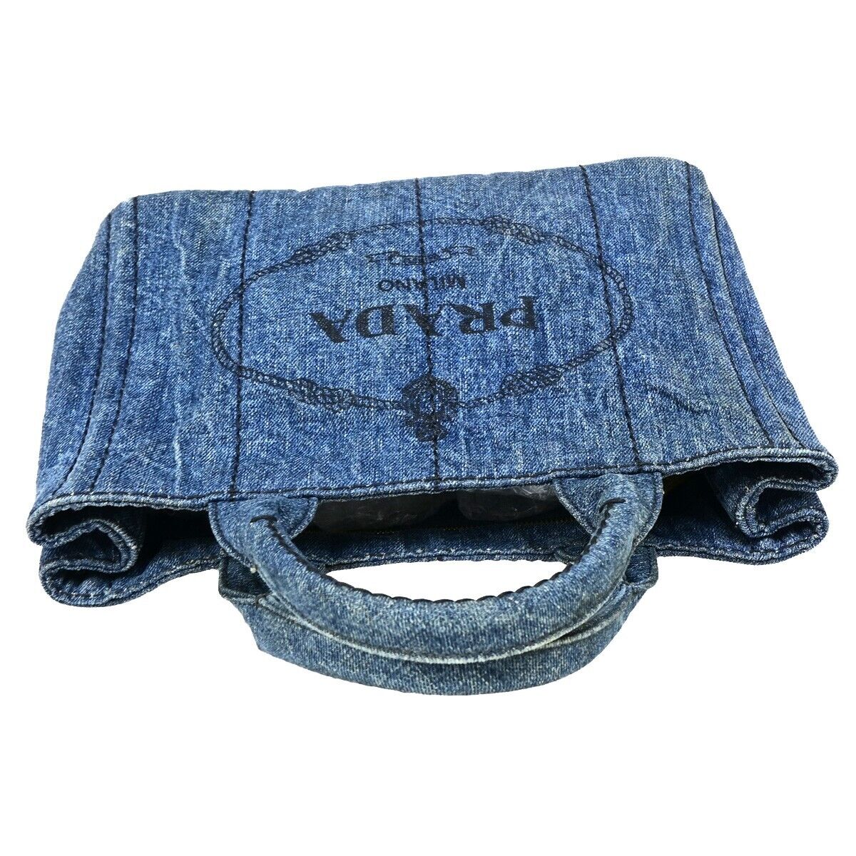 PRADA Logo Canapa Hand Tote Bag Denim Leather Blue GHW 39EB670