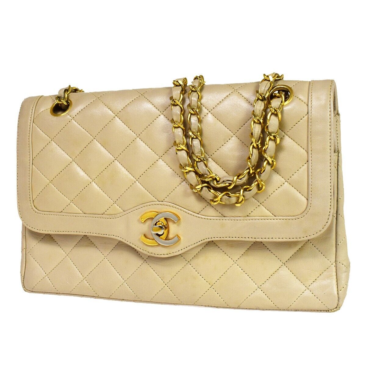 CHANEL CC Double Flap Paris Matelasse Chain Shoulder Bag Beige Vintage 648RH752