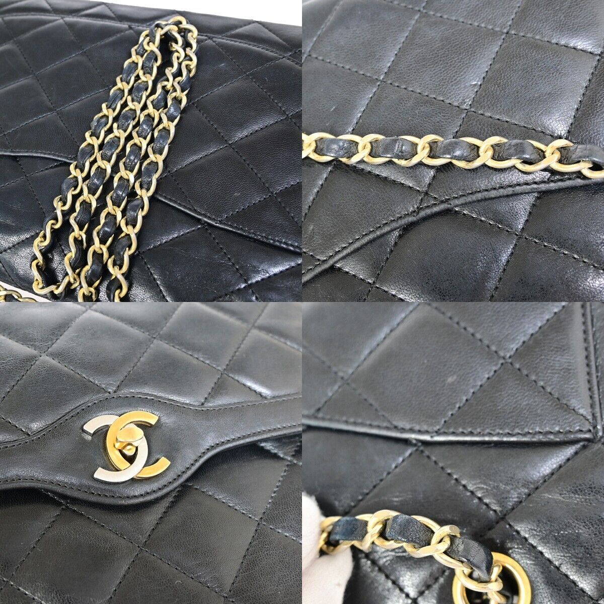 CHANEL CC Matelasse Paris Double Flap Chain Shoulder Bag Leather Black 644RF154