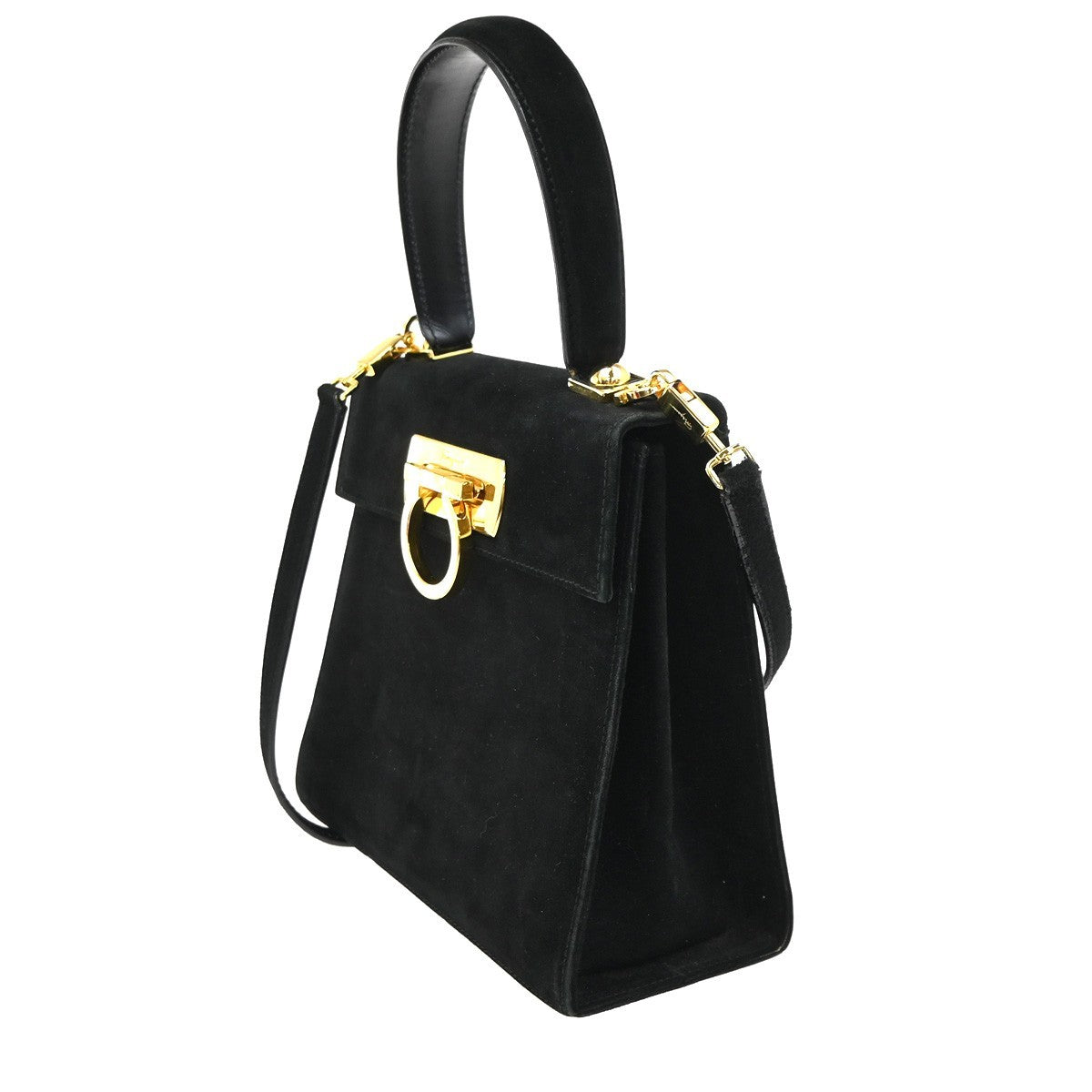 SALVATORE FERRAGAMO Gancini 2Way Shoulder Bag Suede Leather Black GHW 83ZA213