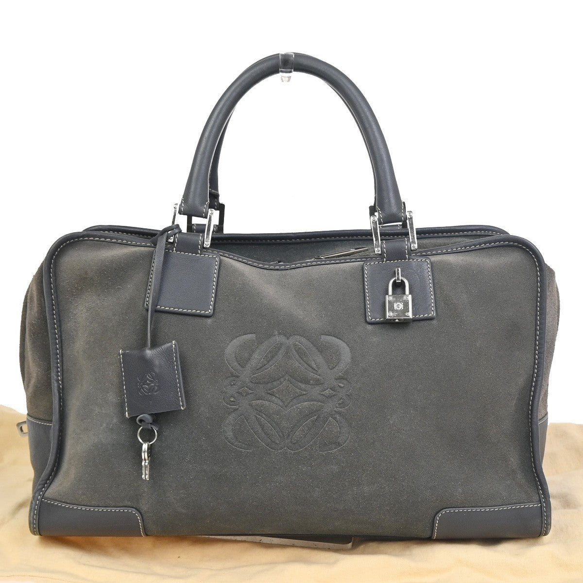 LOEWE Anagram Amazona Boston Hand Bag Suede Leather Dark Gray Spain 83KC758
