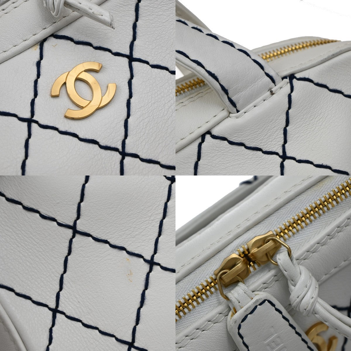 CHANEL CC Logo Wild Stitch Shoulder Hand Tote Bag Leather White Vintage 21RF687