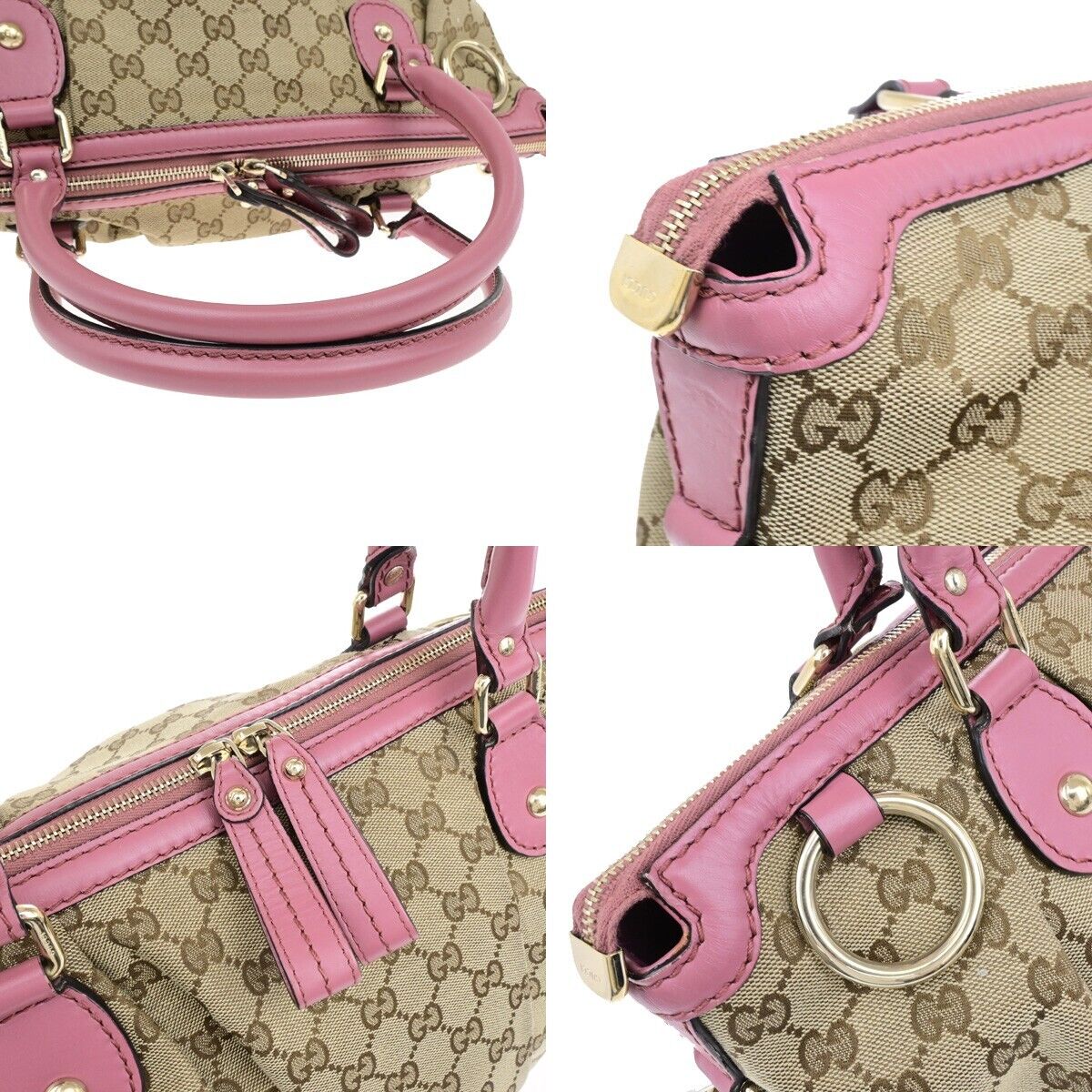 GUCCI Logo GG Pattern Shoulder Bag Canvas Leather Pink Brown GHW 32ED950