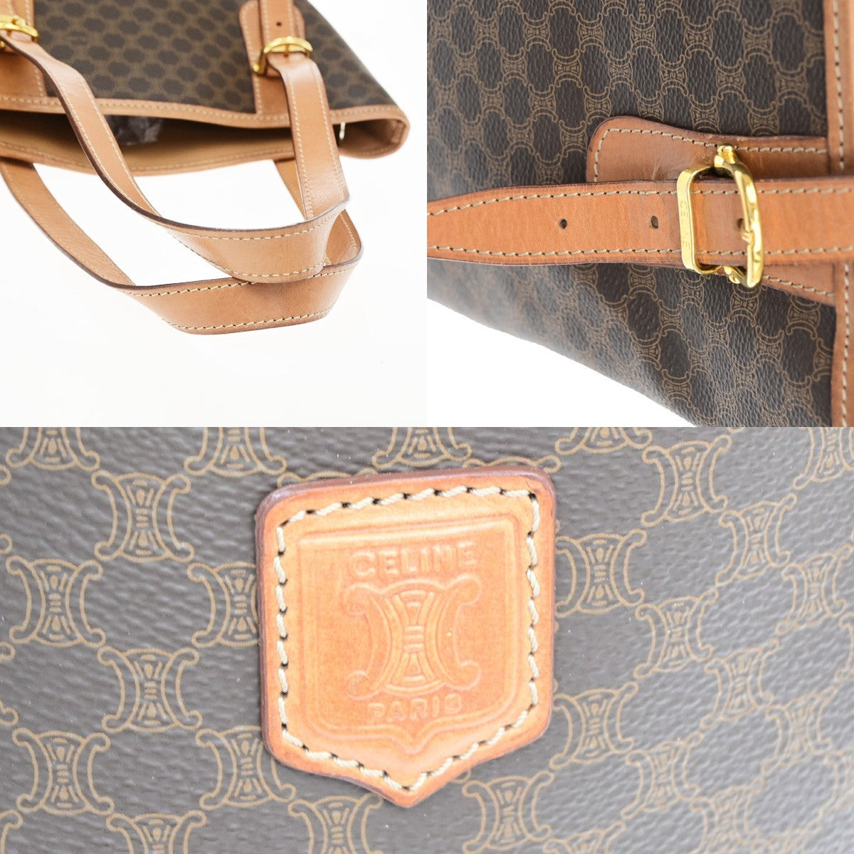 CELINE Logo Macadam Pattern Shoulder Tote Bag PVC Leather Brown GHW 35KD192