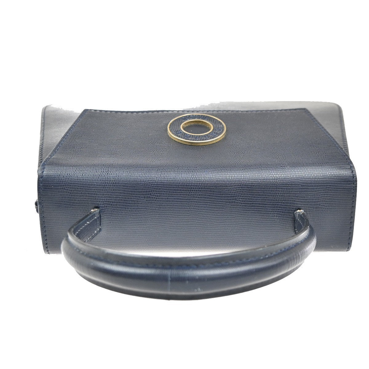 CELINE Circle Logo Tote Hand Bag Embossing Leather Navy Blue GHW 62KC507