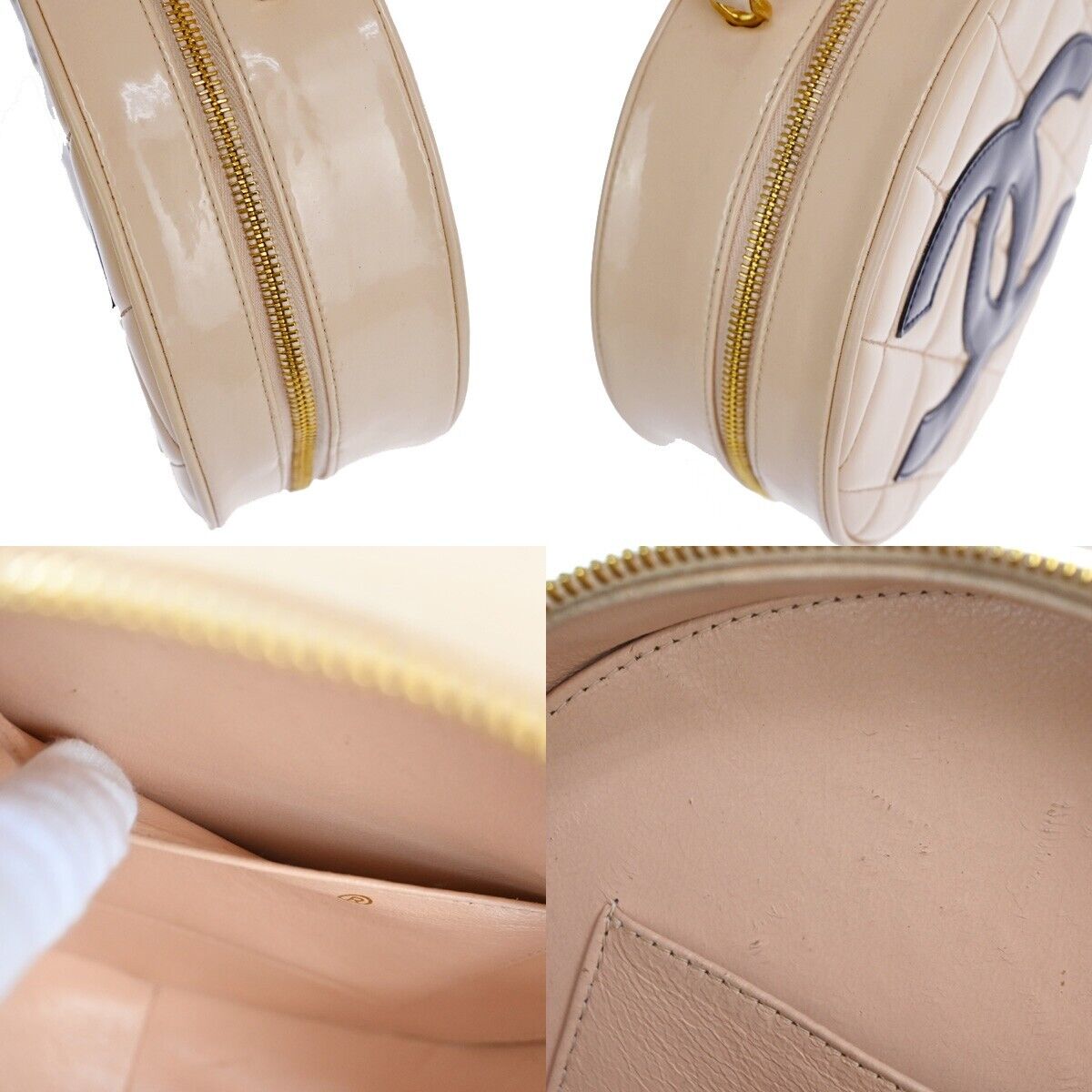 CHANEL CC Matelasse Round Vanity Chain Hand Bag Patent Leather Beige 6600LC414