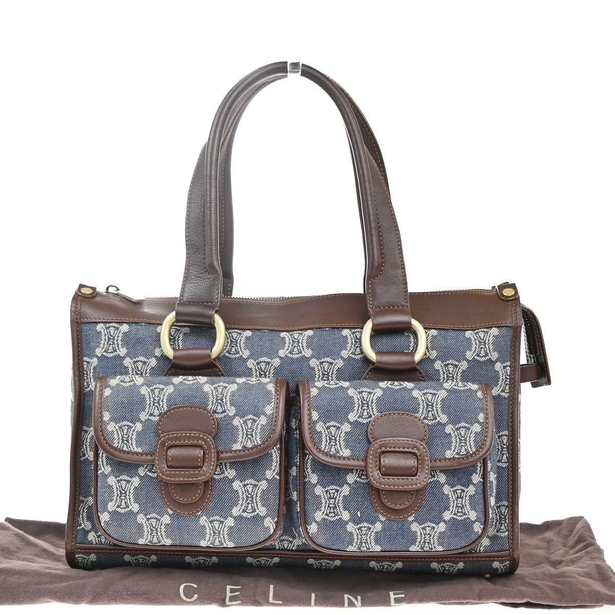 CELINE Logo Macadam Pattern Shoulder Bag Denim Leather Blue Brown GHW 83KP551
