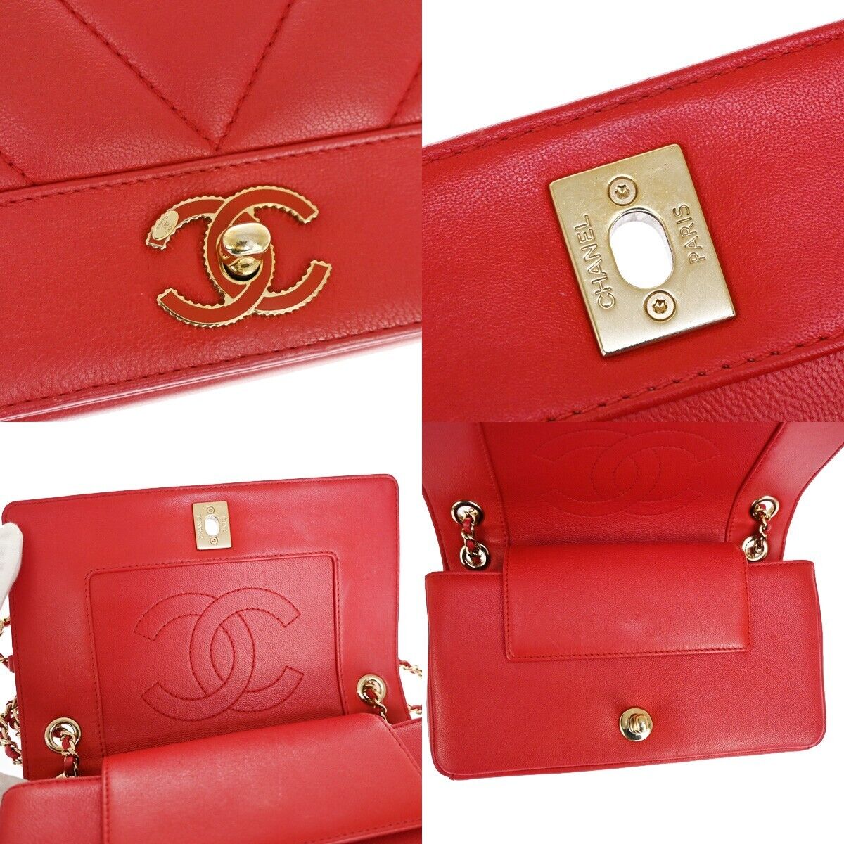 CHANEL CC Logo V Stitch Double Flap Chain Shoulder Bag Leather Red GHW 804RJ284
