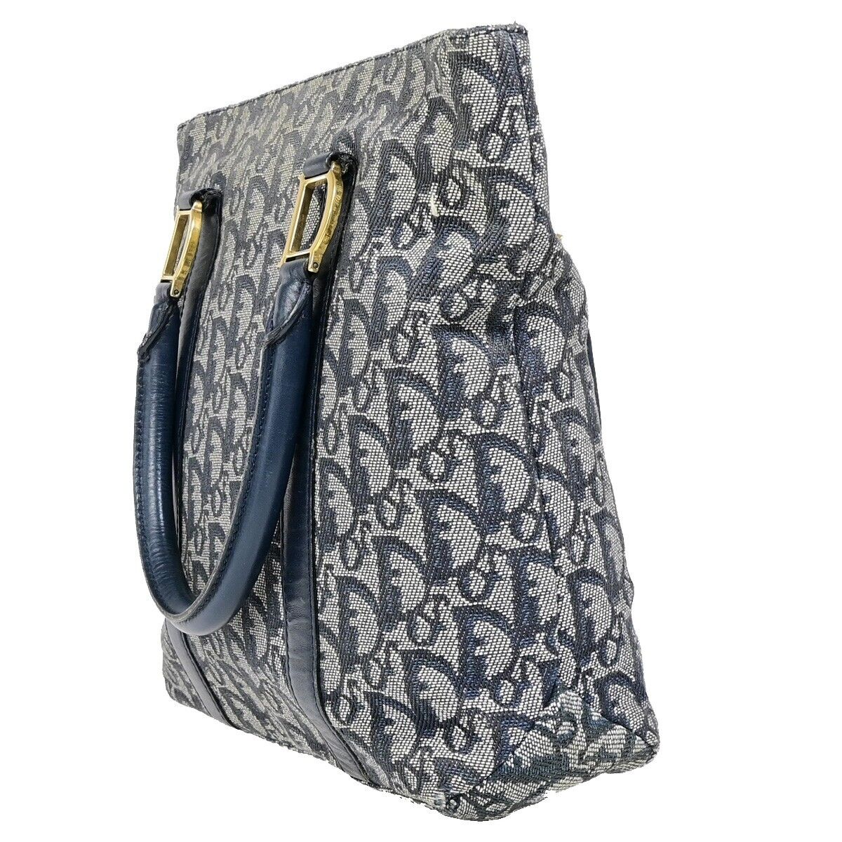 CHRISTIAN DIOR Trotter Pattern Hand Tote Bag Canvas Leather Blue GHW 35EB800