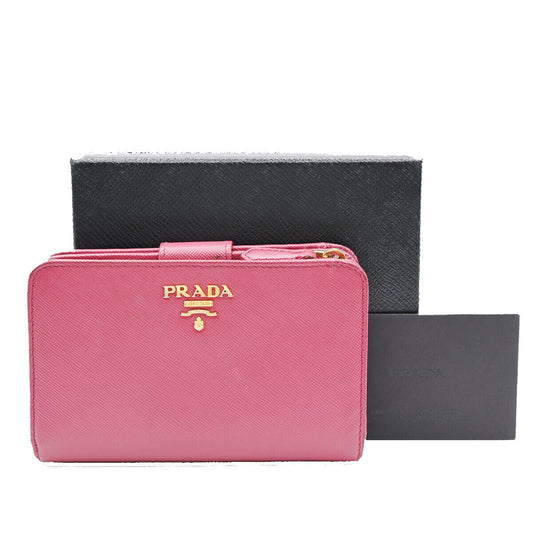 PRADA Logo Saffiano Bifold Wallet Purse Ibisco Pink GHW 69YE529