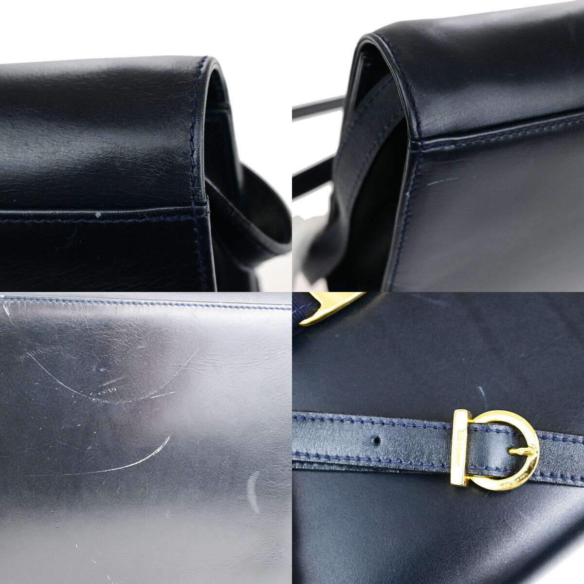 SALVATORE FERRAGAMO Logo Vara Shoulder Bag Leather Navy Blue GHW Italy 68YG010