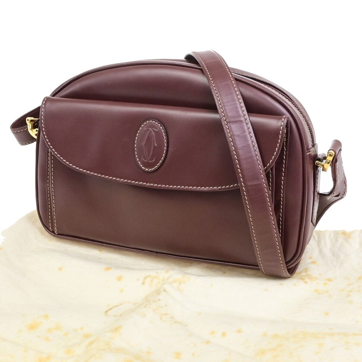 MUST DE CARTIER 2C Logos Shoulder Bag Leather Bordeaux Red Gold France 69FA310