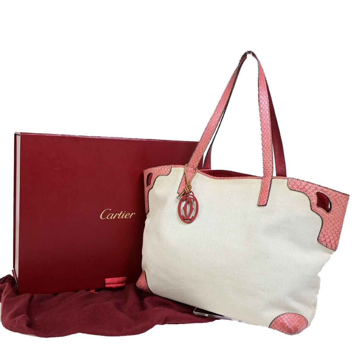 CARTIER Logo Marcello Shoulder Tote Bag Canvas Exotic Leather Beige Red 36FA996