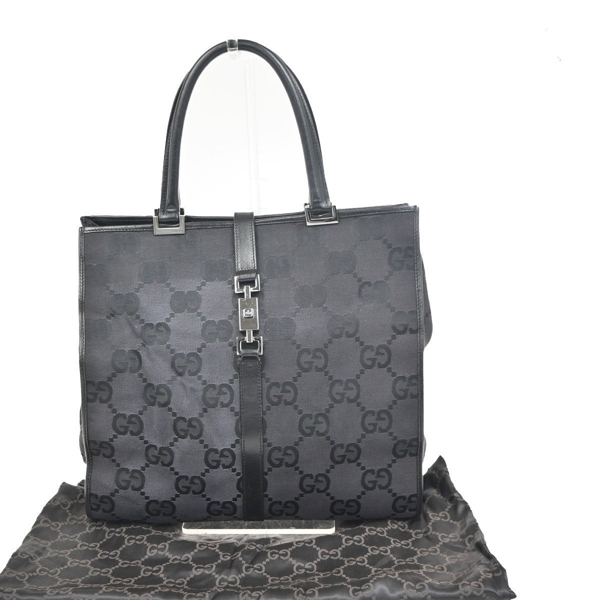 GUCCI GG Pattern Jackie Tote Hand Bag Canvas Leather Black SHW Italy 67ZA373