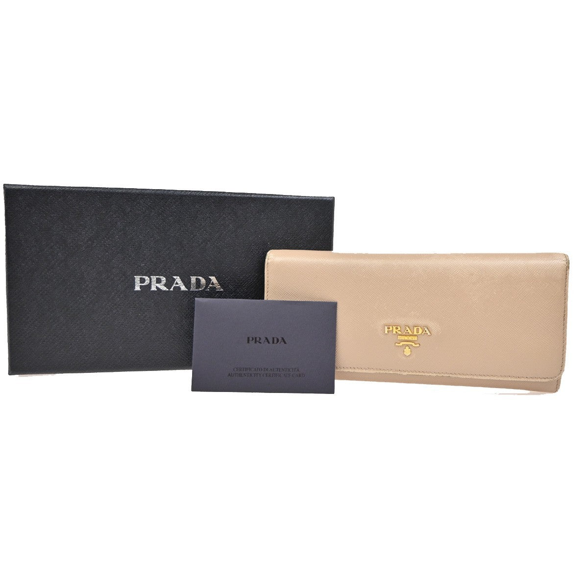 PRADA Logo Long Bi-Fold Wallet Saffiano Leather Beige Gold Italy 01TA298