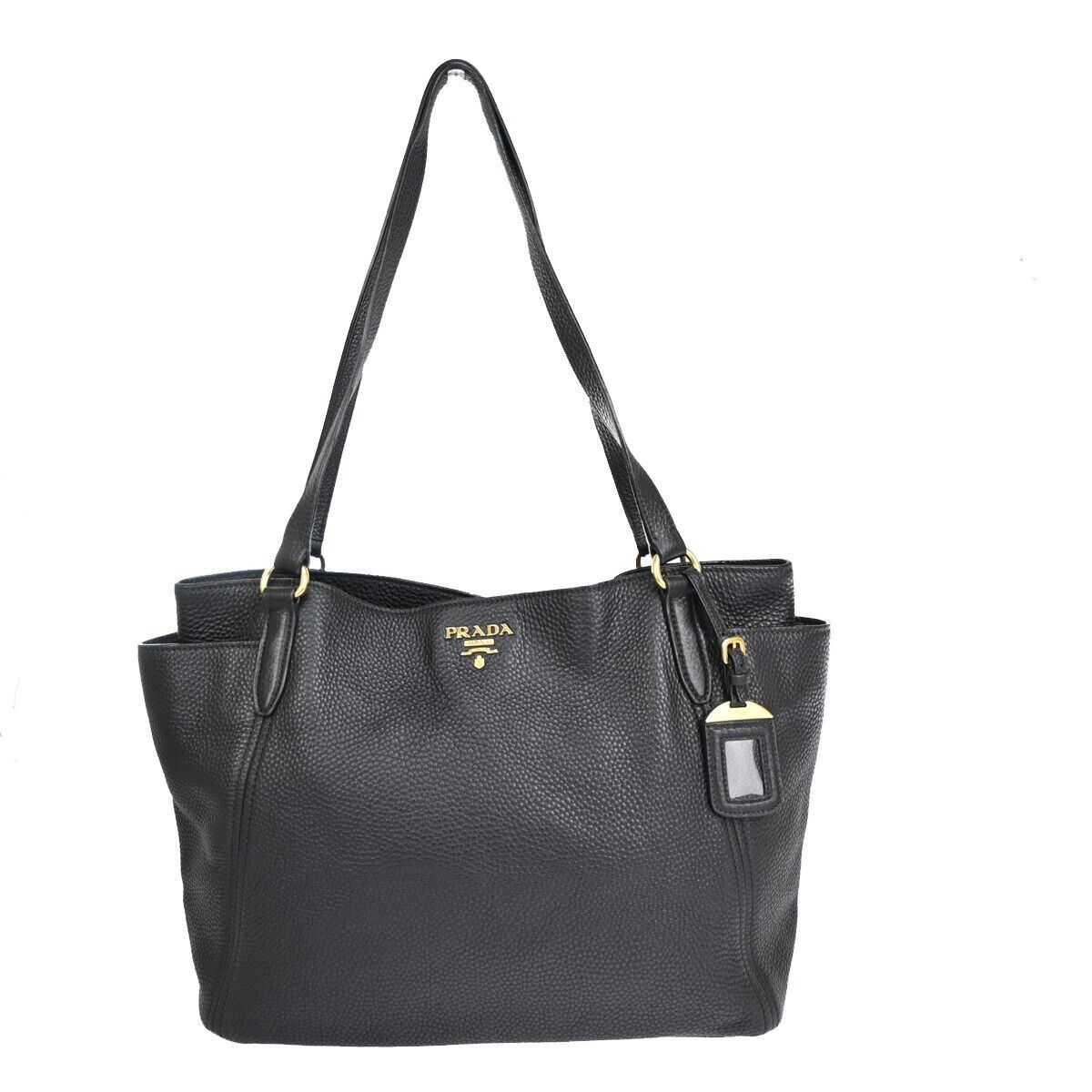 PRADA Logo Shoulder Tote Bag Leather Black Gold Made in Italy 93EA812