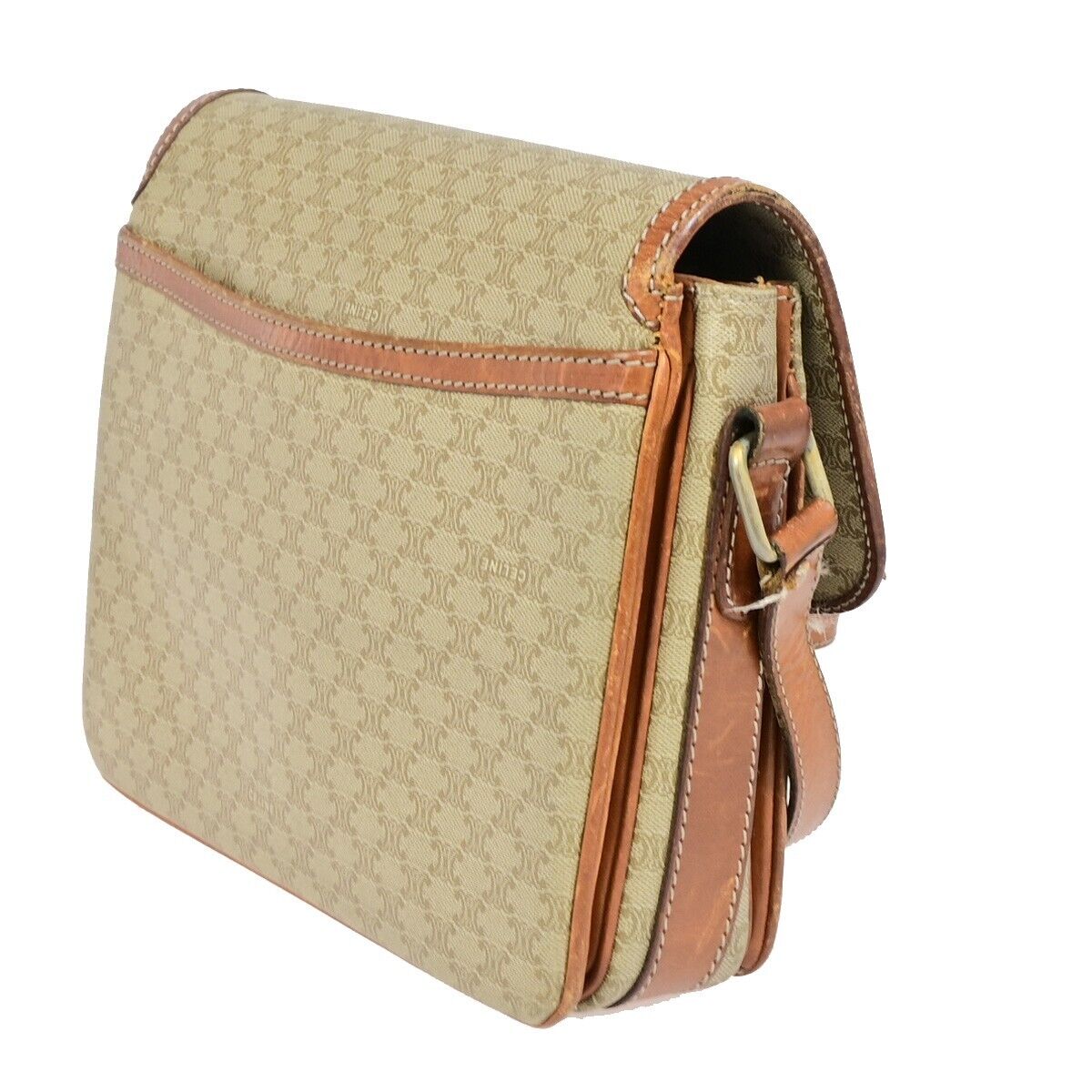 CELINE Logo Macadam Pattern Shoulder Bag PVC Leather Beige Italy 04EB426