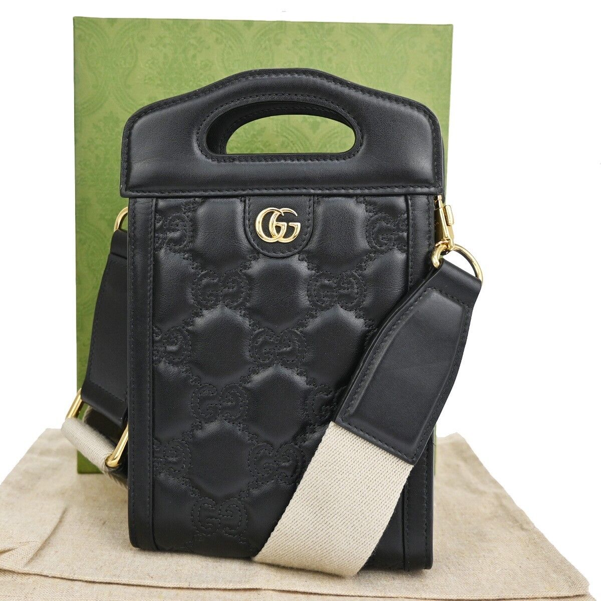 GUCCI GG Matelasse Mini 2Way Shoulder Hand Bag Leather Black Gold Italy 689RJ447