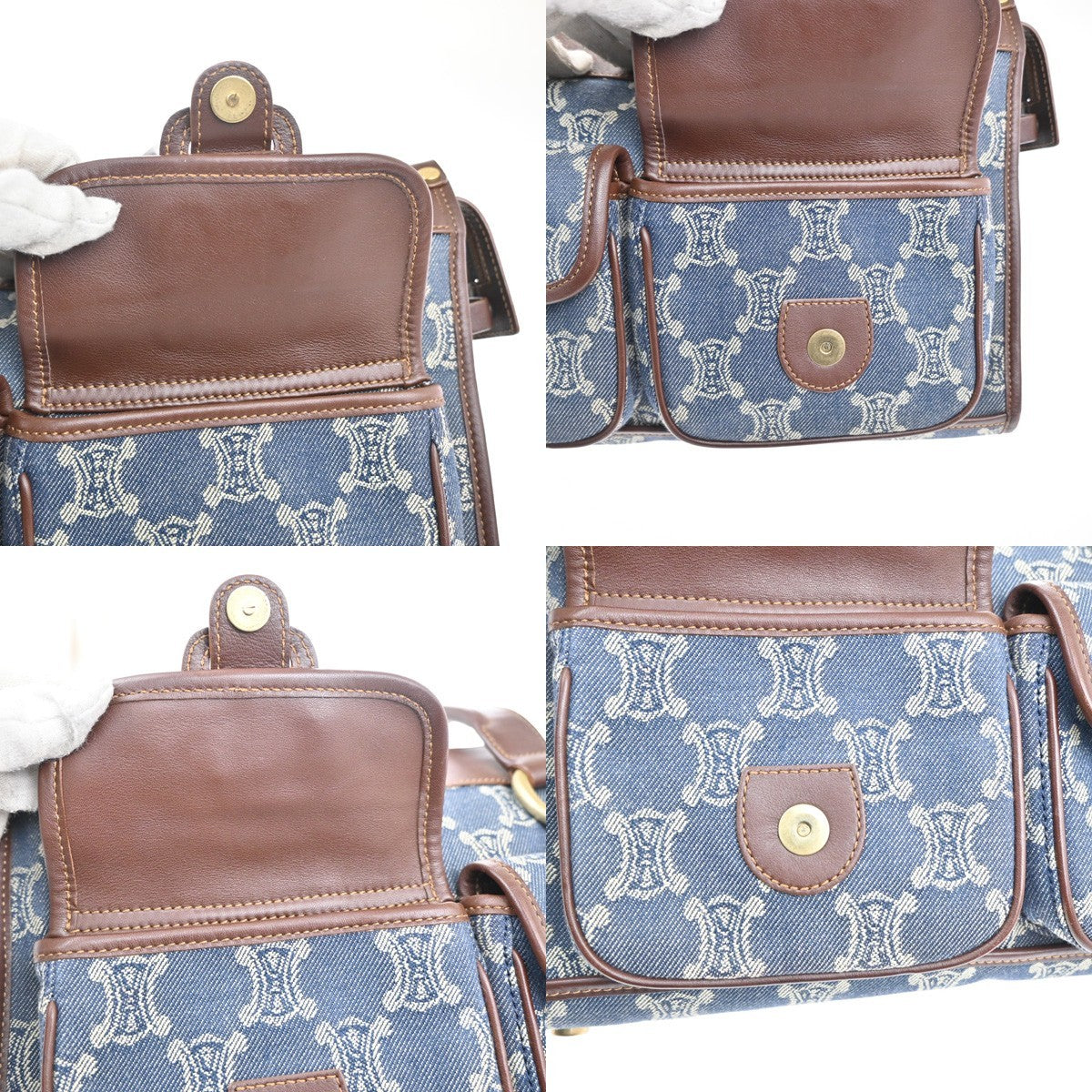 CELINE Logo Macadam Pattern Shoulder Bag Denim Leather Blue Brown GHW 83KP551