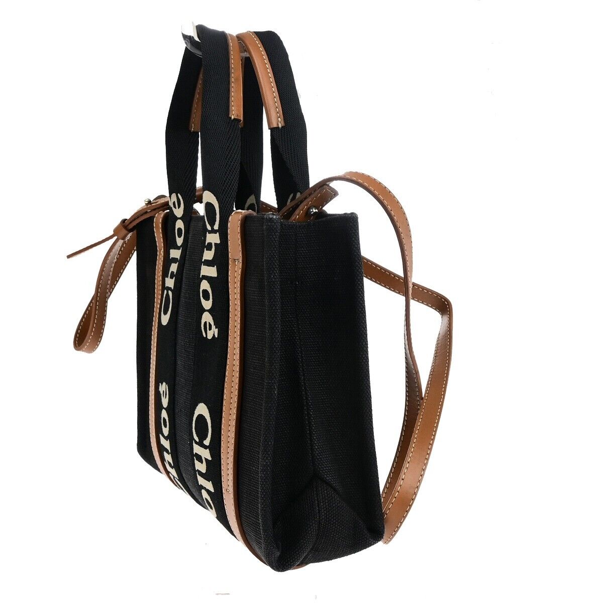 CHLOE Woody Tote Shoulder Hand Bag 2Way Canvas Leather Black Italy GHW 84HC081