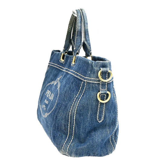 PRADA Logor Hand Tote Bag Denim Leather Blue Acio GHW Italy 80YG643