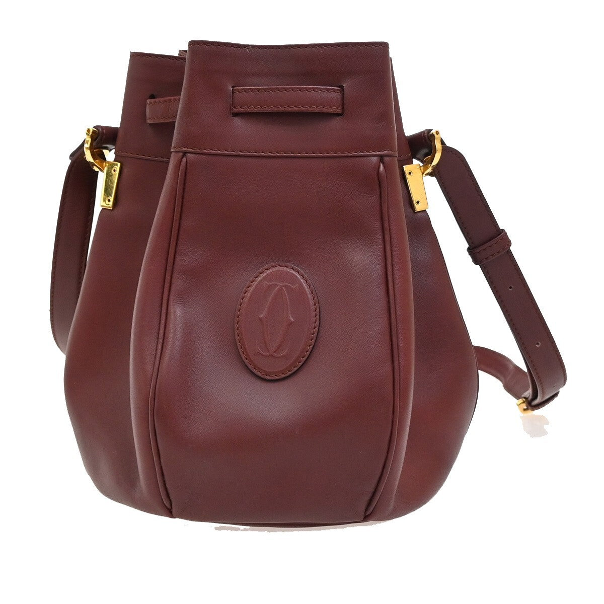 MUST DE CARTIER 2C Logo Drawstring Shoulder Bag Leather Red Gold 38EE280