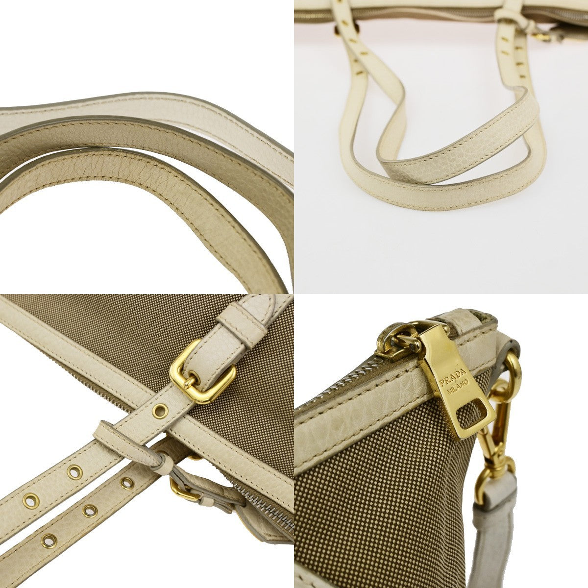 PRADA Logo Jacquard 2Way Shoulder Bag Canvas Leather Brown White GHW 84YJ274