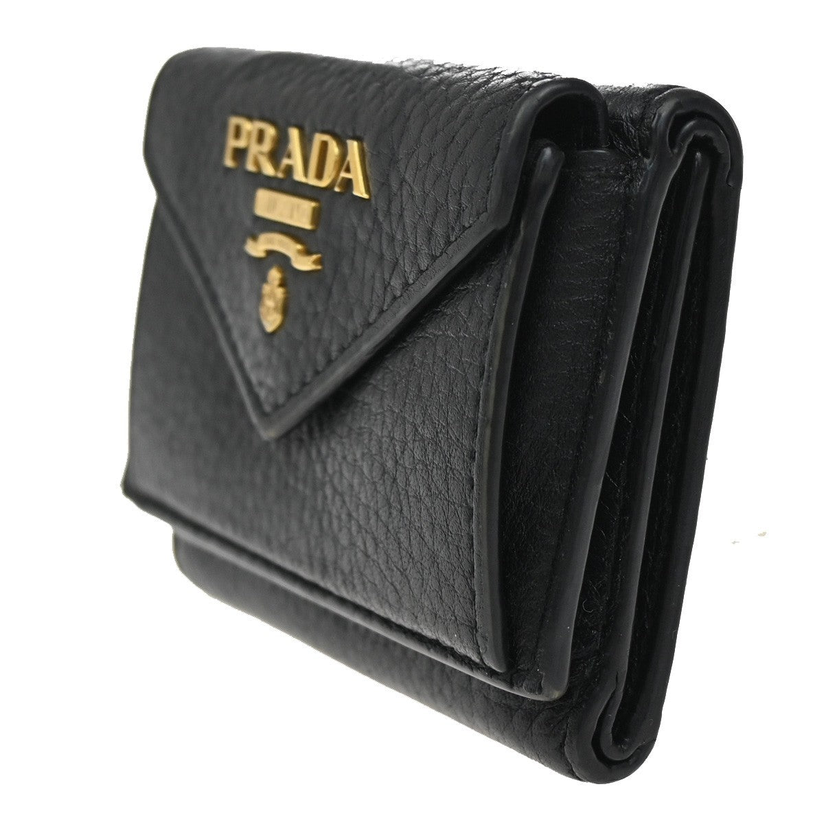 PRADA Logo Mini Compact Trifold Wallet Vitello Leather Black GHW 62YH815