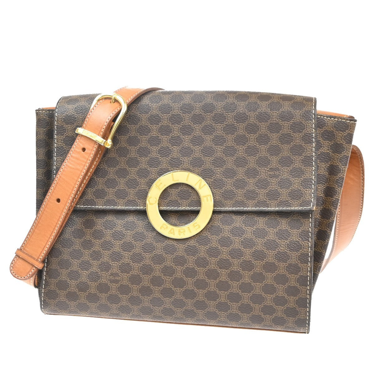 CELINE Macadam Circle Logo Shoulder Bag PVC Leather Brown GHW 88KC866