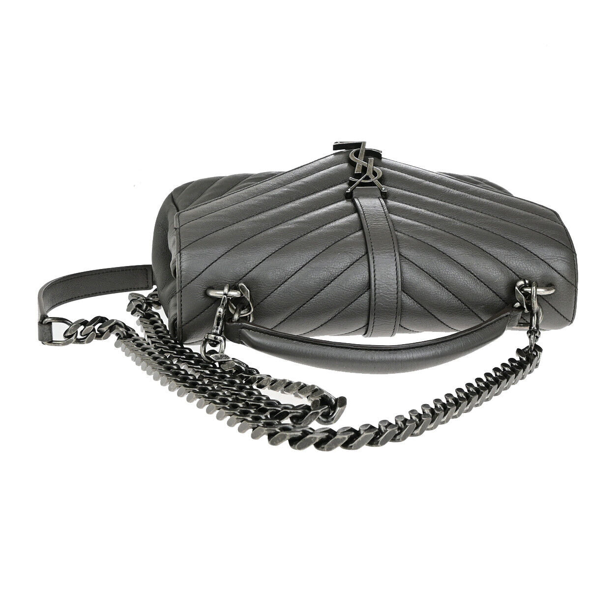 SAINT LAURENT College Medium Chain Shoulder Bag Quilted Leather Gray 667RK859