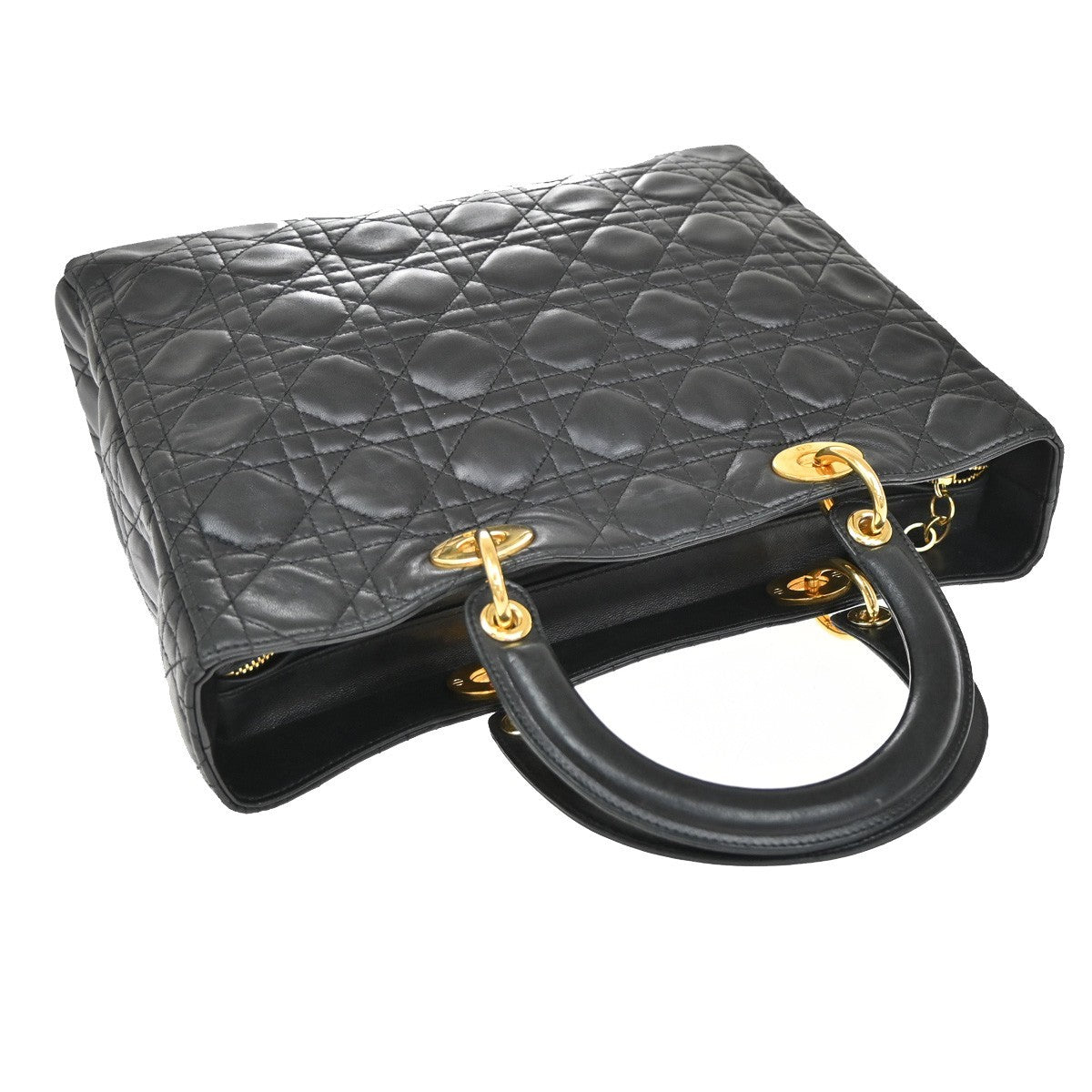 CHRISTIAN DIOR Lady Cannage Hand Tote Bag Leather Black Gold Italy 46RF672