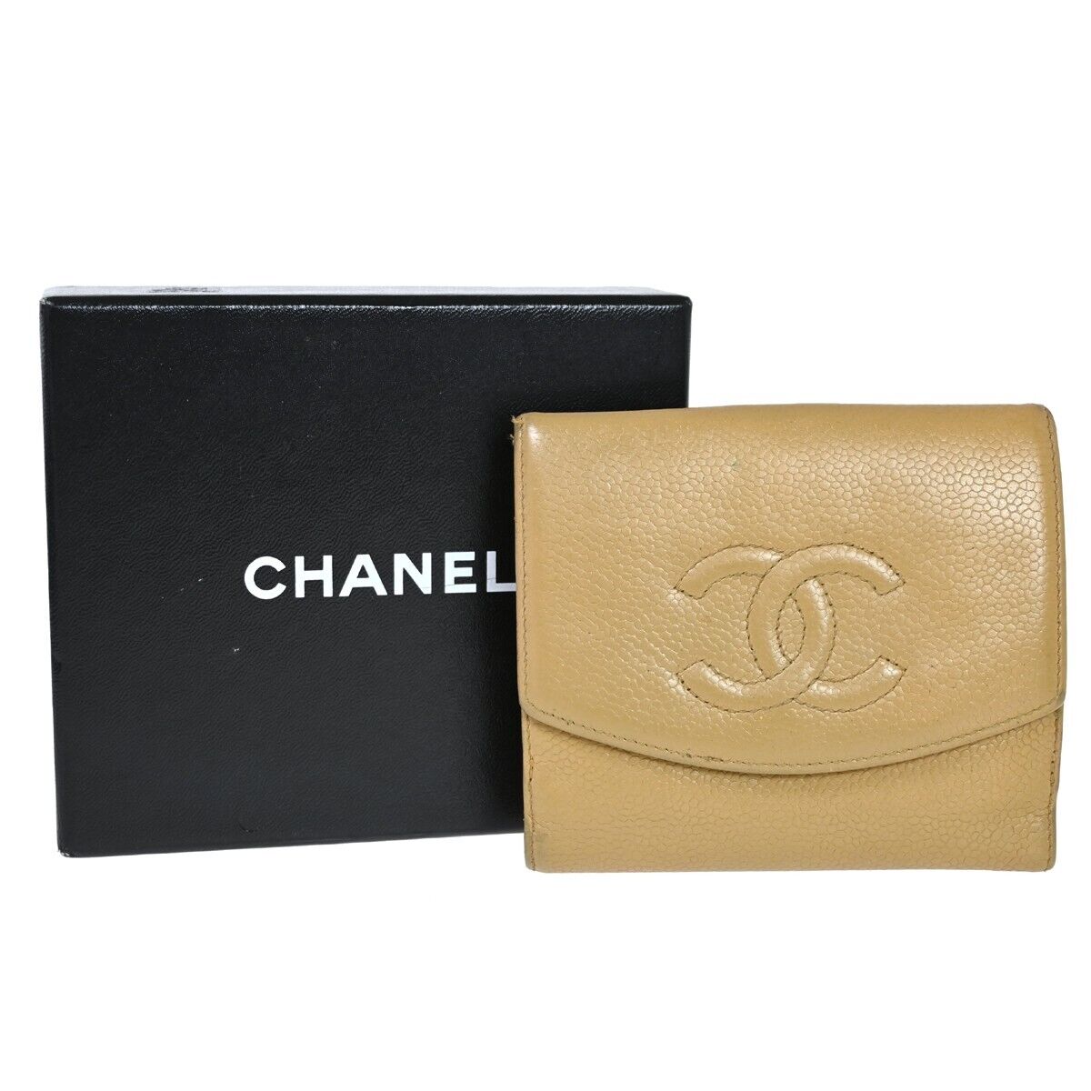 CHANEL CC Logo Bifold Wallet Purse Caviar Skin Leather Beige France 05HB310