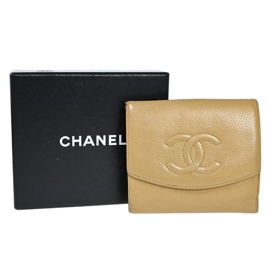 CHANEL CC Logo Bifold Wallet Purse Caviar Skin Leather Beige France 05HB310