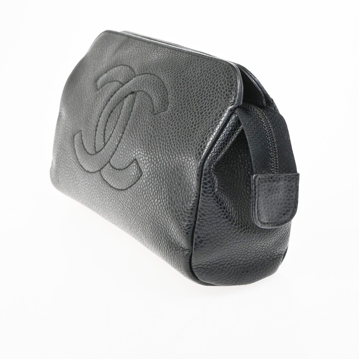 CHANEL CC Logo Cosmetic Pouch Grained Calfskin Leather Black GHW Italy 38RL979