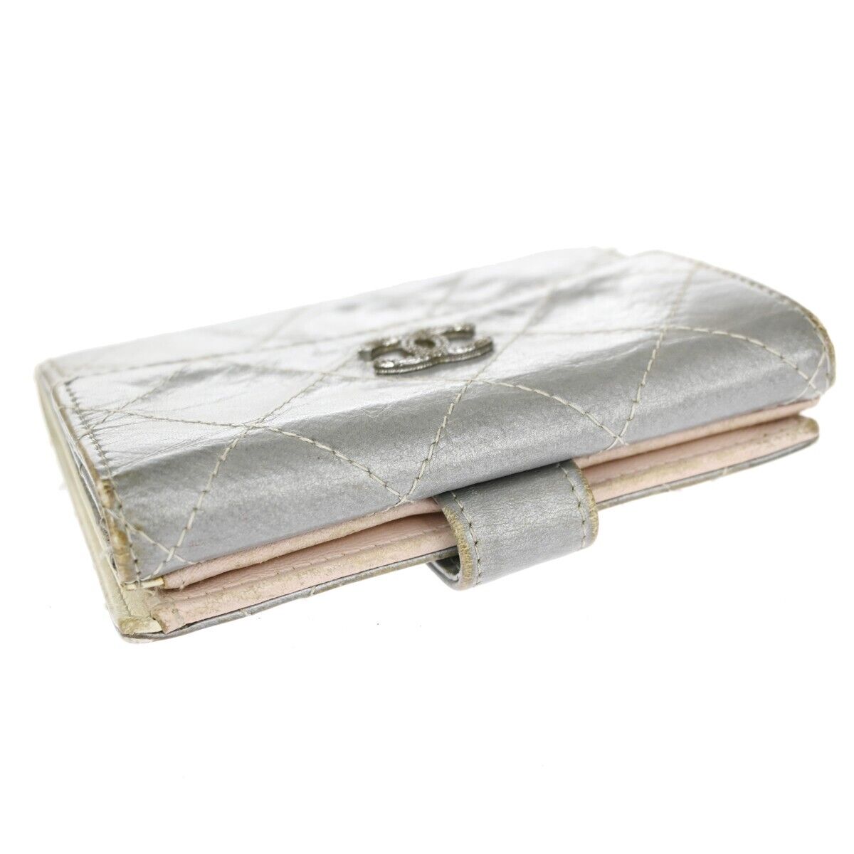 CHANEL CC Logo Matelasse Bifold Wallet Purse Leather Silver SHW Italy  04HB384