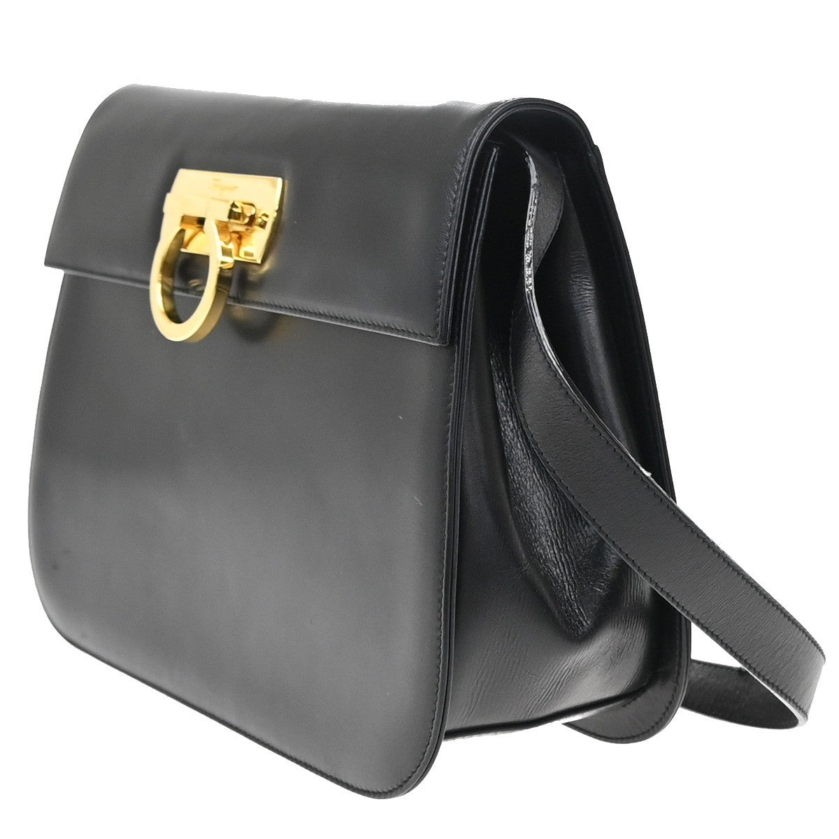 SALVATORE FERRAGAMO Logo Gancini Shoulder Hand Bag Leather Black 80EF729