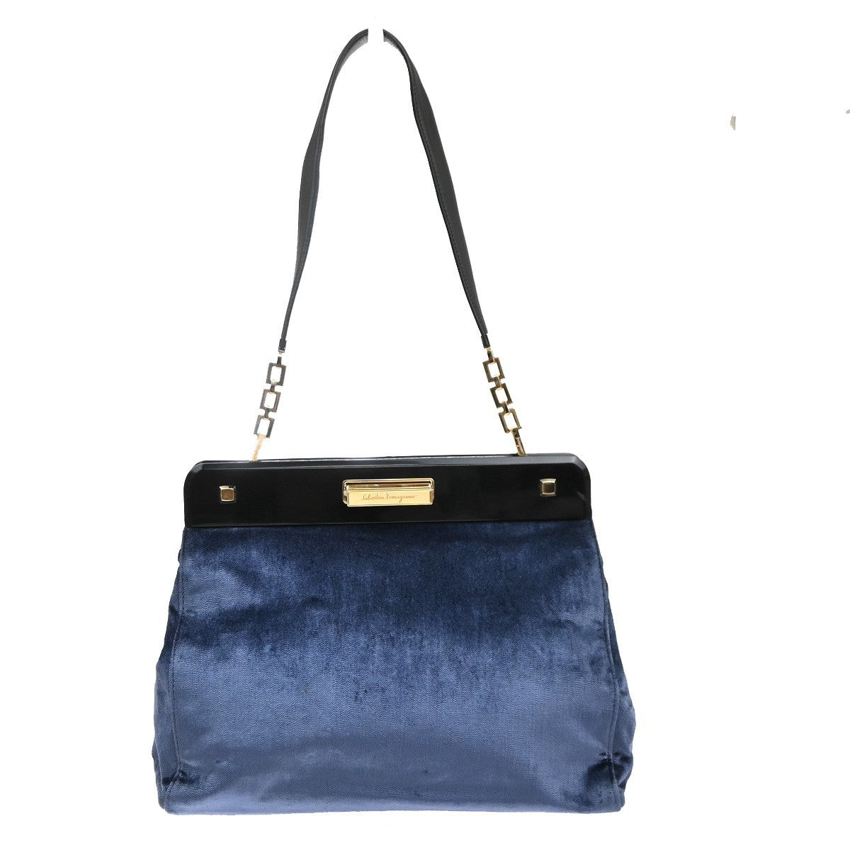 SALVATORE FERRAGAMO Logo Chain Shoulder Bag Velvet Leather Blue GHW 62MA634