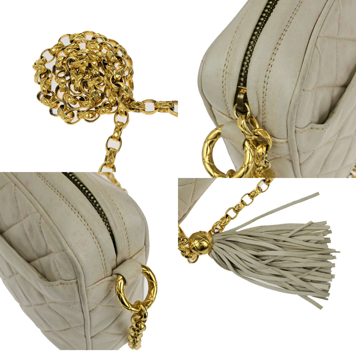 CHANEL CC Matelasse Tassel Chain Shoulder Bag Leather Ivory GHW Vintage 23RK412