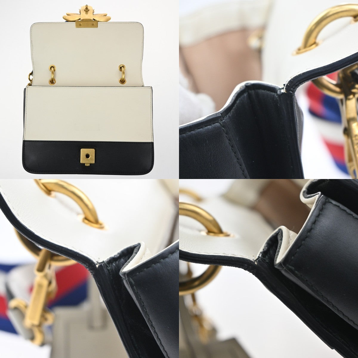 GUCCI Bee Queen Margaret Logo Shoulder Bag Leather Black White GHW Italy 20RL719