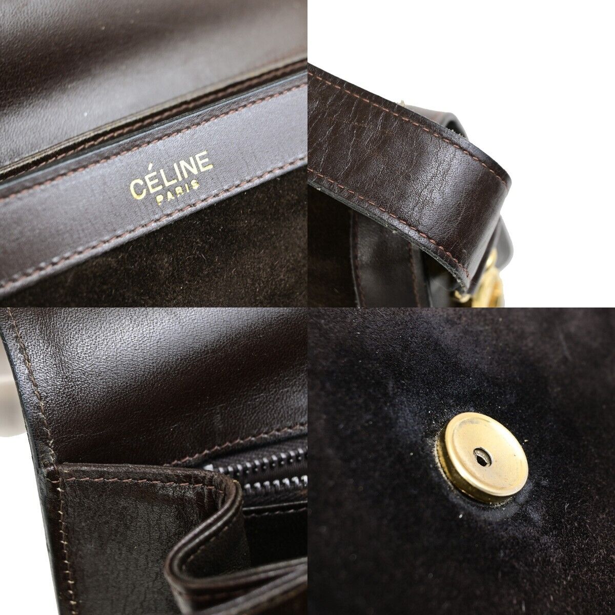 CELINE Logo Crossbody Shoulder Bag Suede Leather Brown GHW 63EC954