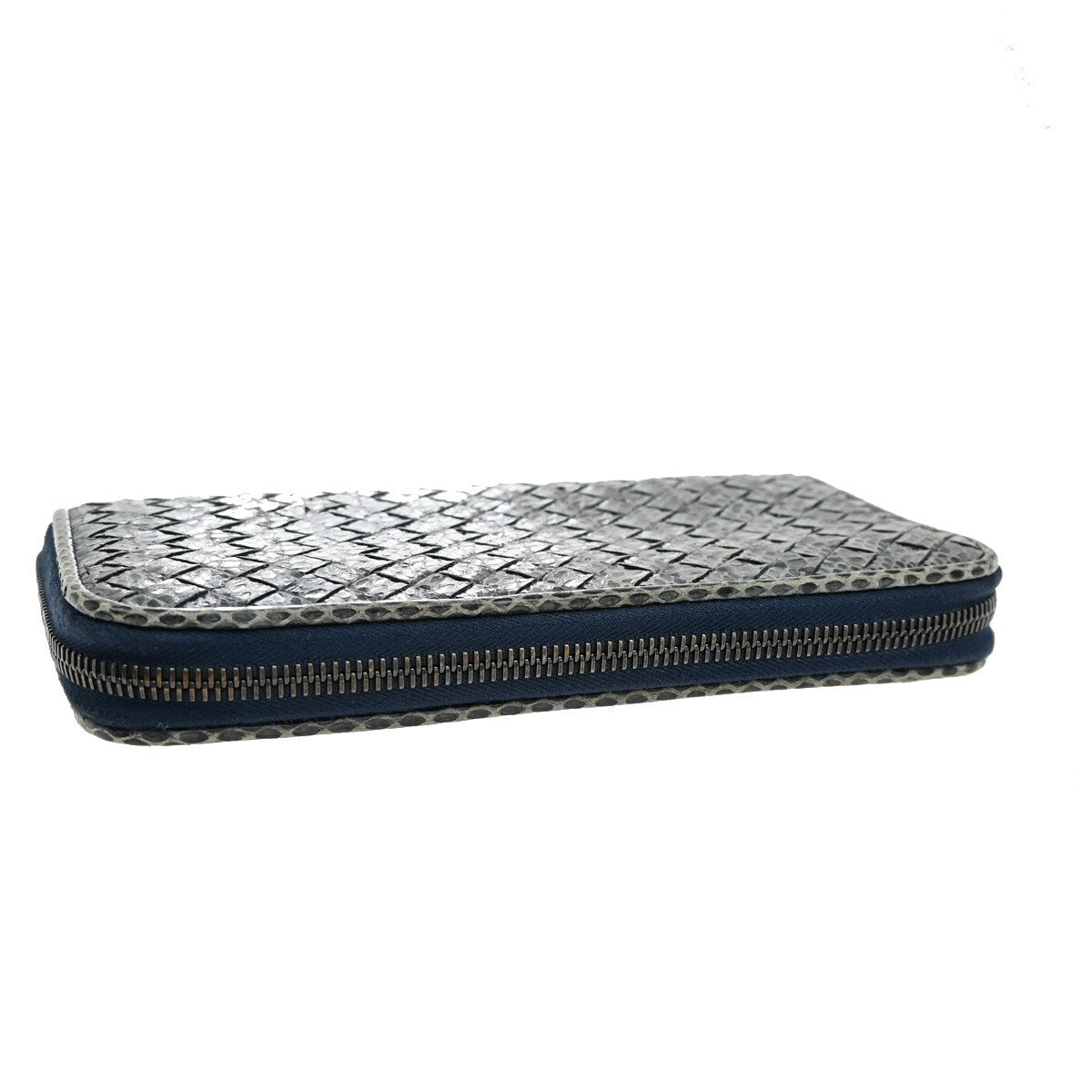 BOTTEGA VENETA Intrecciato Zip Around Long Wallet Embossing Leather Blue 69EE297