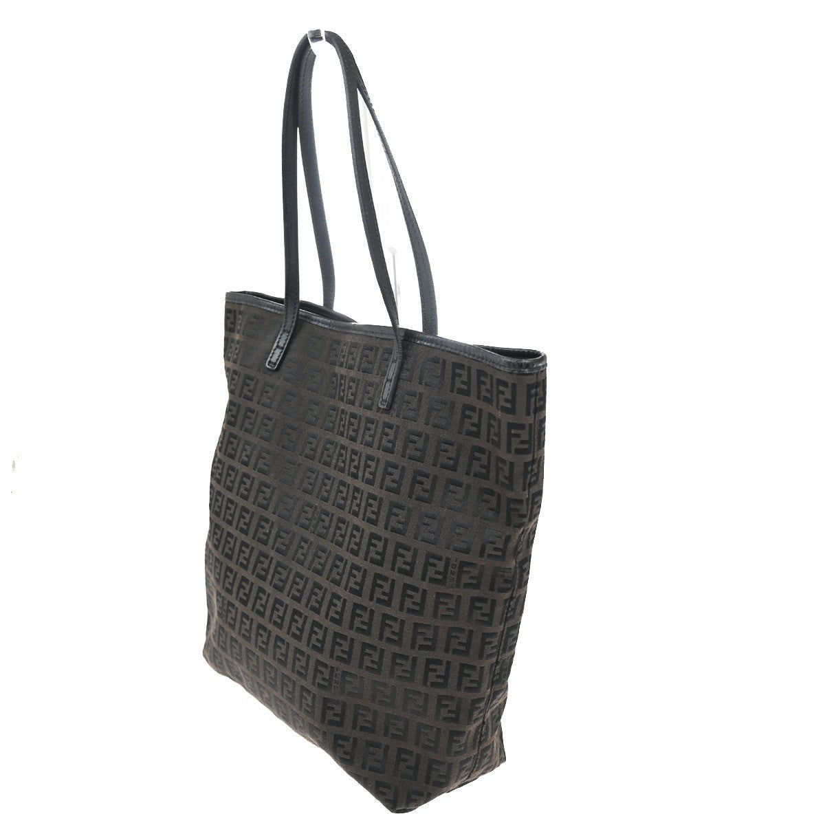 FENDI Logo Zucchino Hand Tote Bag Canvas Leather Brown Black SHW 80TA555