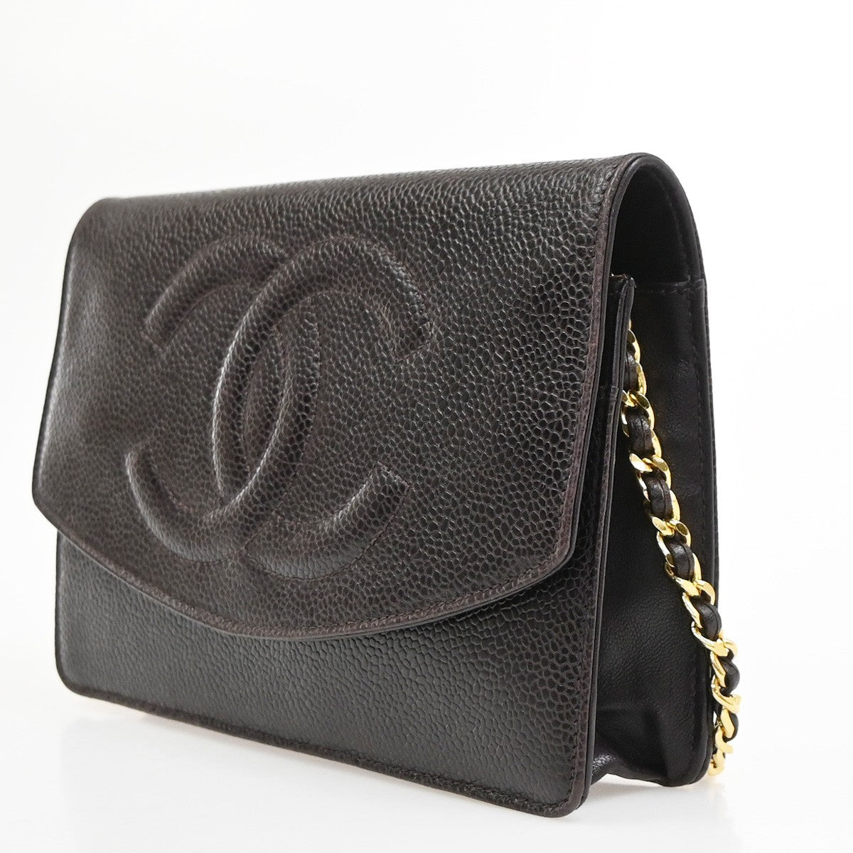 CHANEL CC Logo Chain Wallet Grained Calfskin leather Brown Italy VTG 332RL962